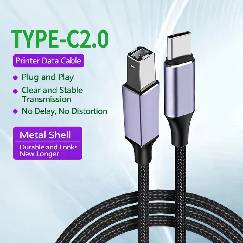 USB Type C to USB B 2.0 Data Cable for Printers and Scanners