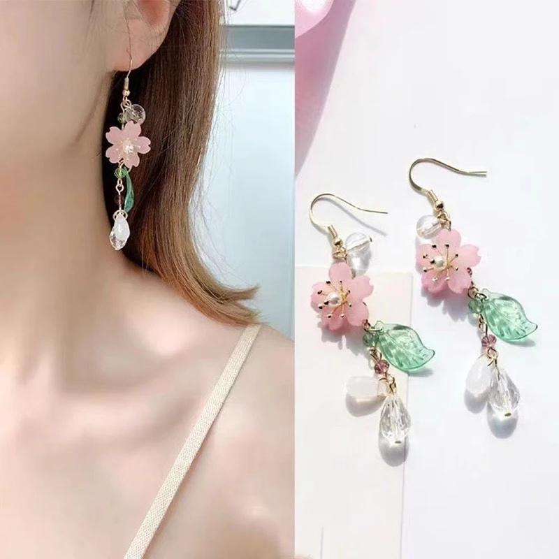 Süße romantische rosa Blumenblätter Ohrringe Damen lange Quaste Tropfen Ohrringe elegante Urlaub Party Geschenk Zubehör