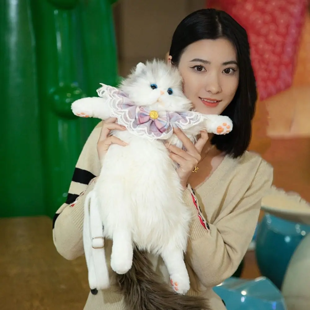 Long-haired Fluffy Cat Doll Backpack Ragdoll Cat Super Realistic Plush Cat Backpack Bow Tie Handmade Cute Animals Plush Bag