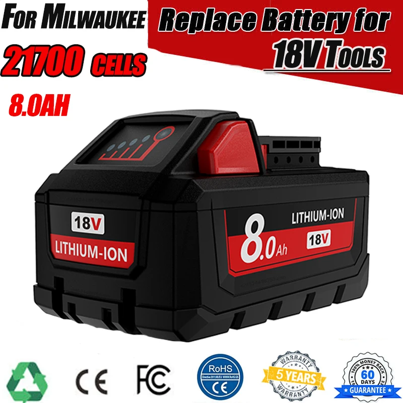18V 8.0Ah Per Milwaukee M18 21700 Batteria Al Litio Xc Batteria 48-11-1860 48-11-1850 48-11-1840 Batterie Ricaricabili