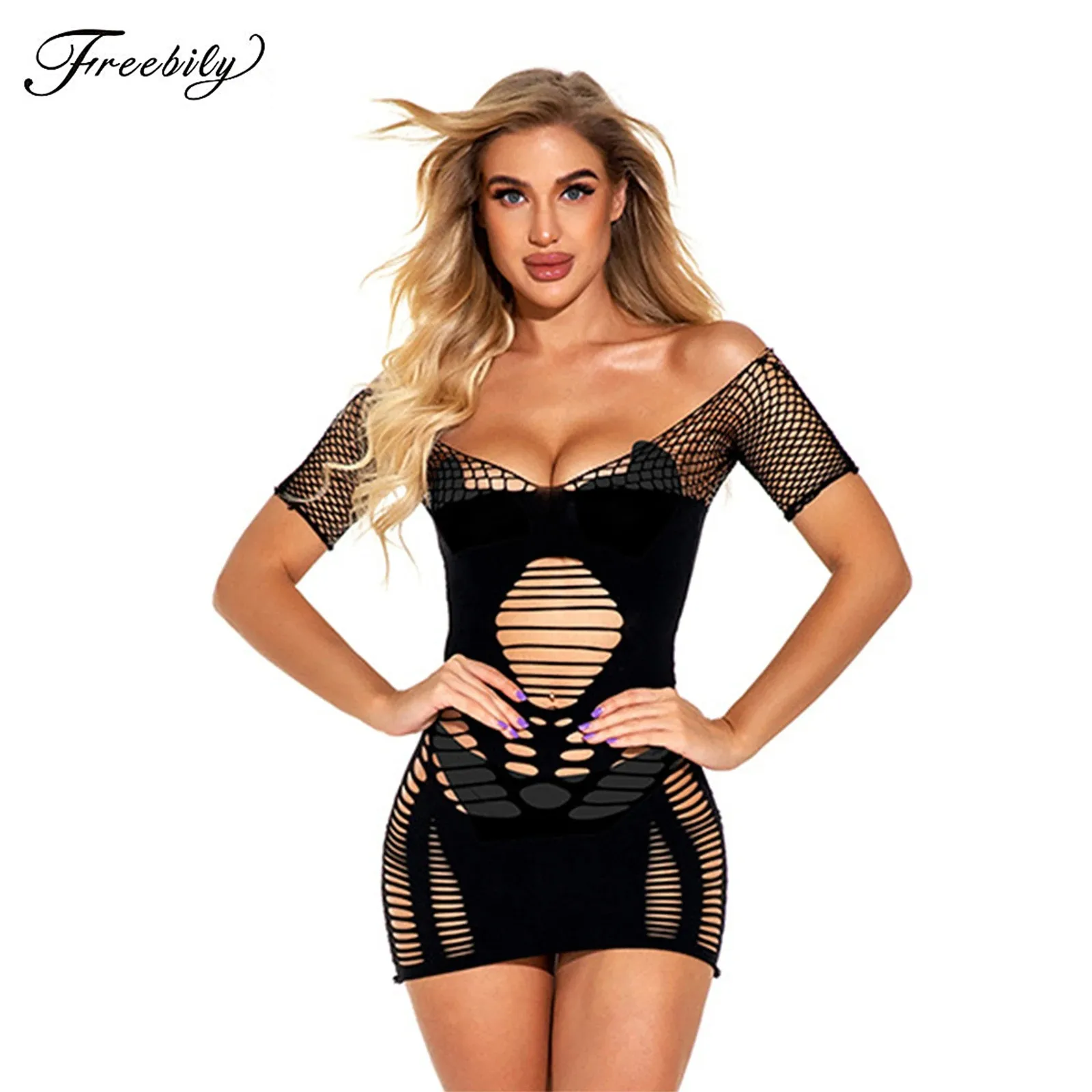 

Womens Hollow Out Fishnet Bodycon Dress Lingerie Nightwear See-Through Short Sleeve Mini Dresses Bikini Swimwear Beachwear