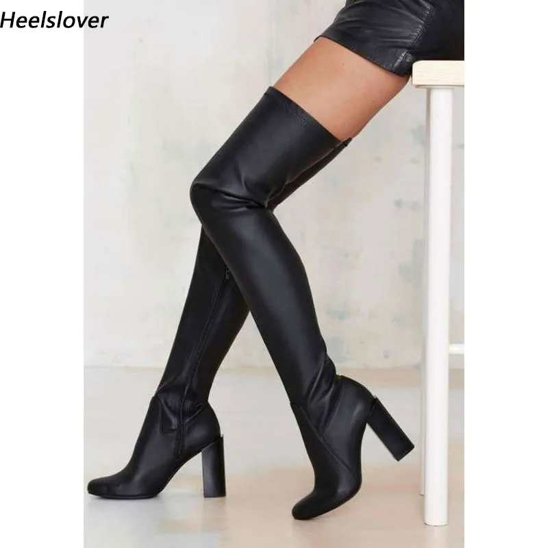 

Ahhlsion New Women Spring Thigh Boots Flexible Unisex Chunky Heels Round Toe Black Party Ladies Shoes Plus US Size 5-20