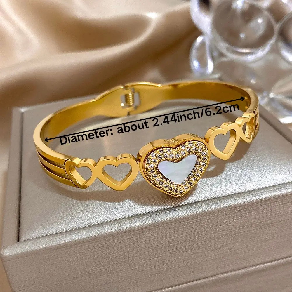 Luxury Rhinestones Heart Bangle Stainless Steel Cuff Stackable Bangle Bracelets with White Shell Valentine's Day Jewelry Gifts 6