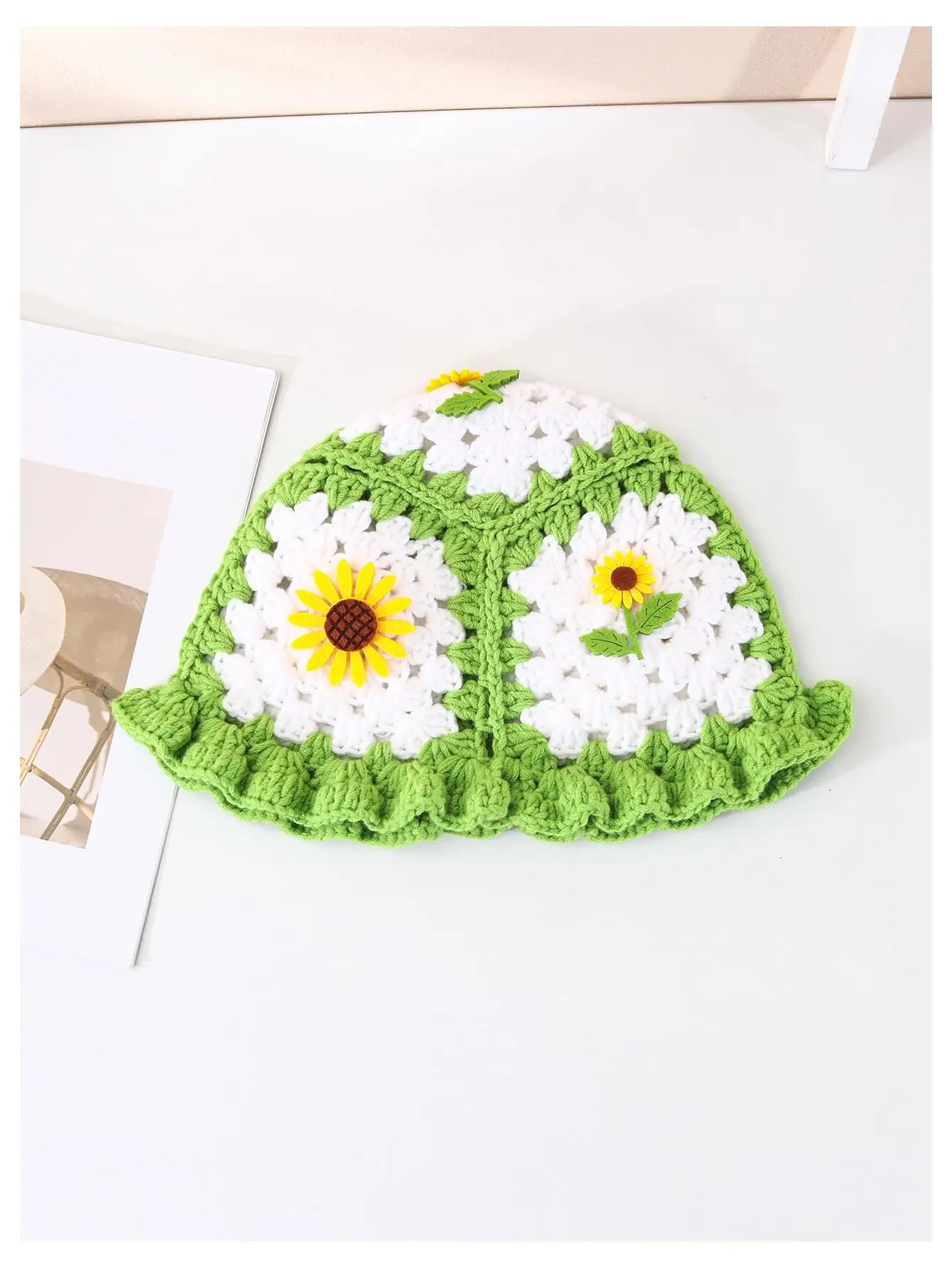 Women Handmade Corchet Knitted Bucket Hat Sun Flower Patchwork Cute Lovely Panama Hat Street HipHop Bonnet Cap Girl Boy 3