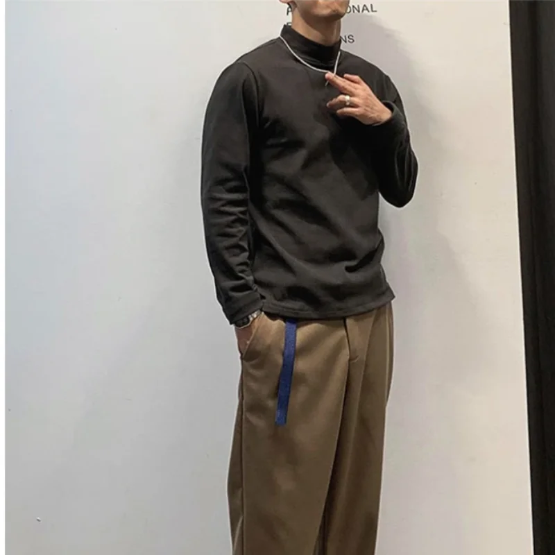 2023 Autumn and Winter New Temperament Versatile Commuting Men's Clothing Fashion High Collar Simplicity Solid Color T-shirt