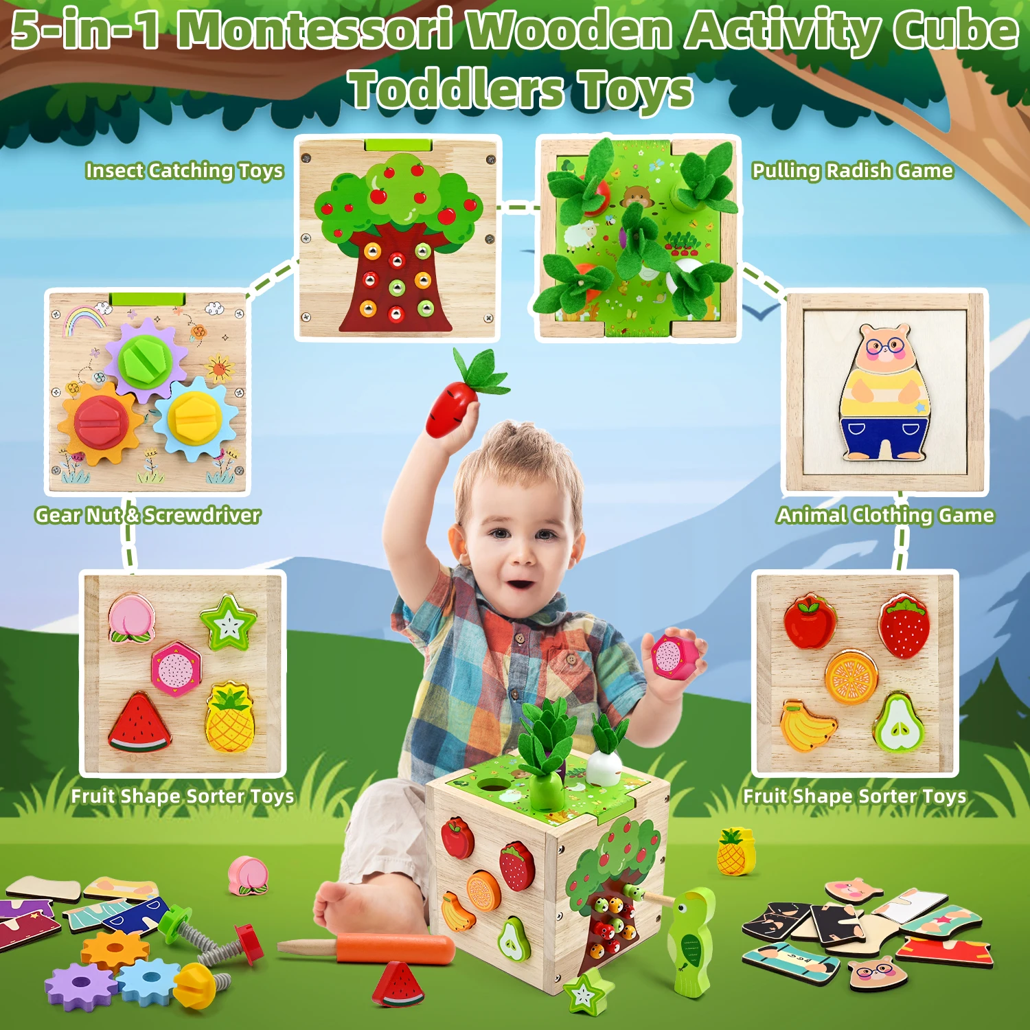 Baby Wooden Activity Cube Center Toys for Boys Girls Birthday Gifts, 5 in 1 Montessori Educational Learning Sensory Toys 2