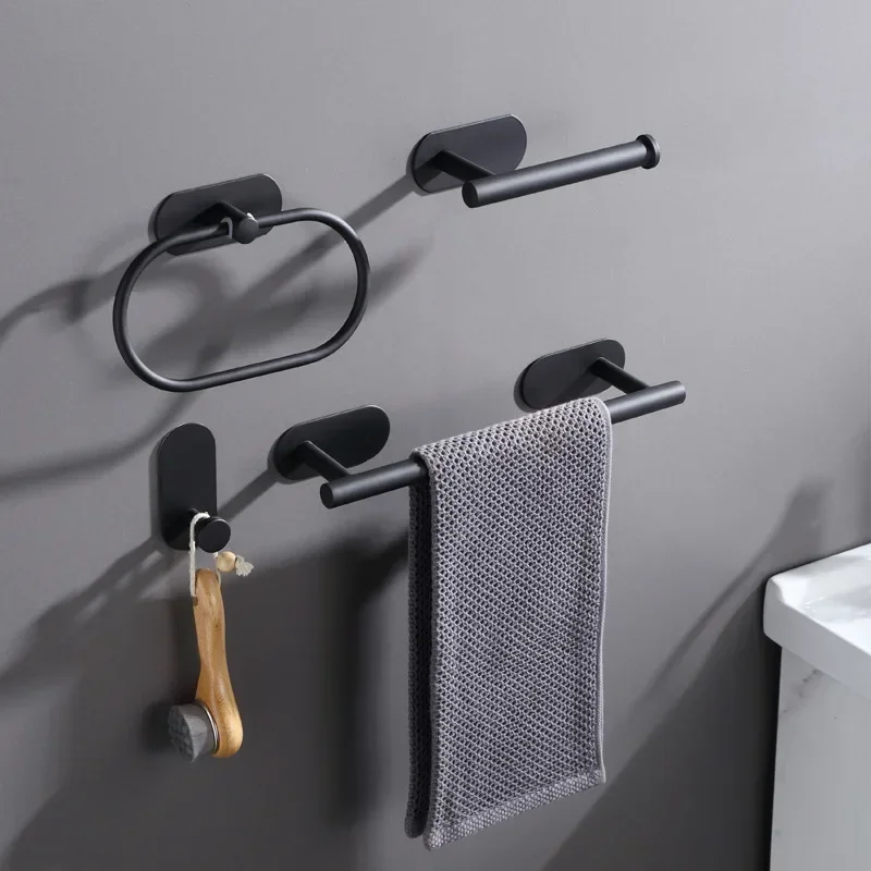 Description Picture 2 of itemAdhesive Black Towel Rings Bathroom Hardware Sets Accessories Toilet Paper Dispenser Holder Wall Coat Hooks Towel Bar Set