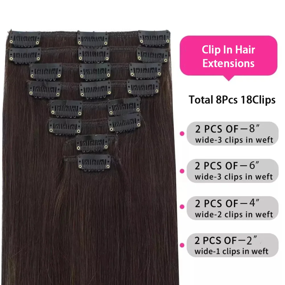 Clip In Hair Extensions #2 Dark Brown Human Hair Straight Brazilian Full Head Seamless Clip ins Extensions for Women 120G 8Pcs