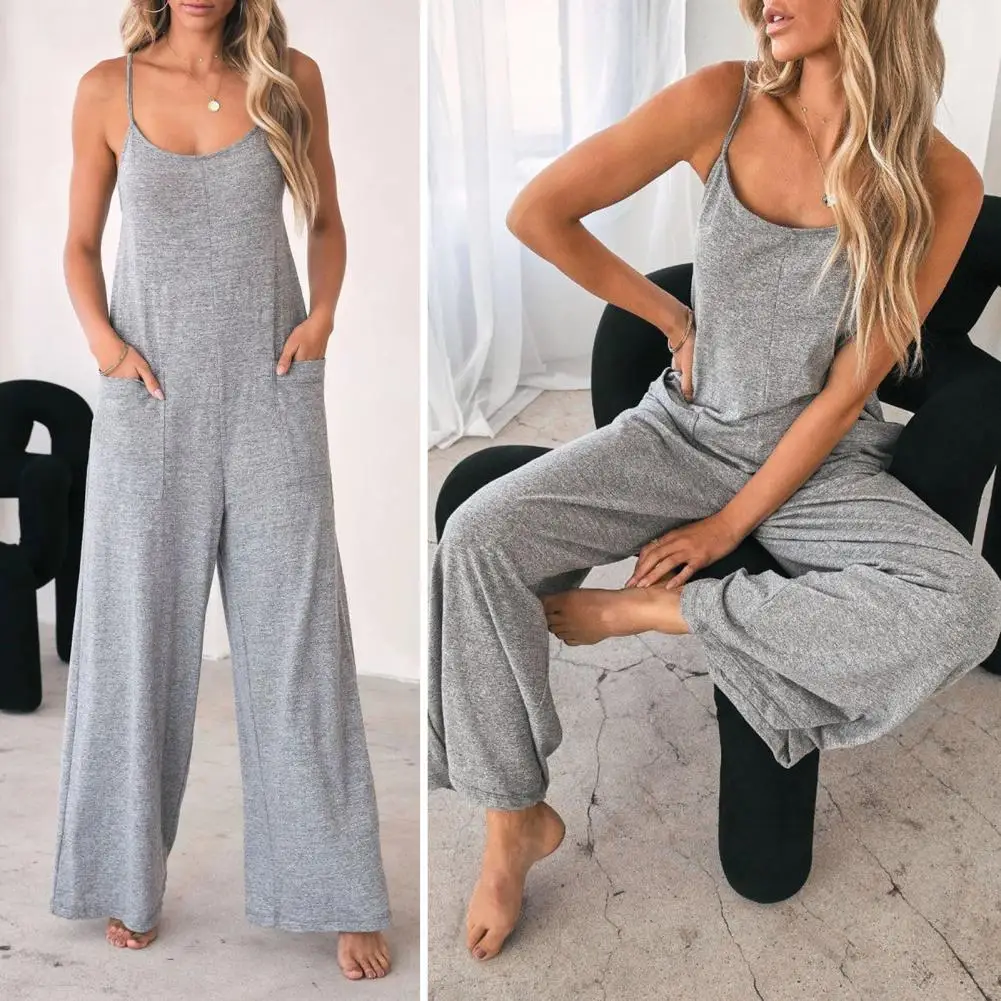 

Women Jumpsuit Pockets Loose Comfortable Mid Waist Casual Everyday Wear Polyester Wide Leg Lady Jumpsuit Summer overol mujer