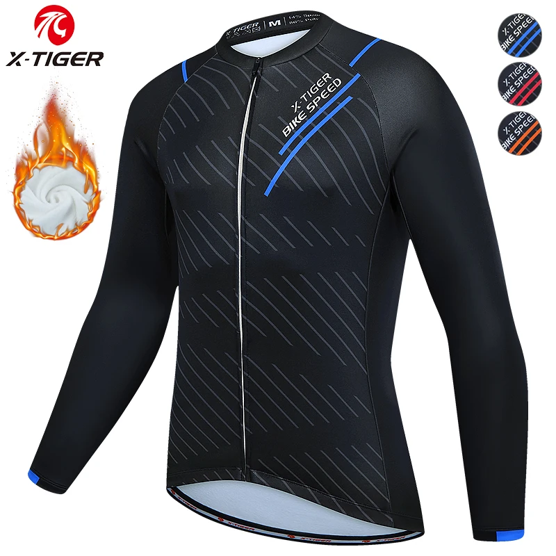 

X-TIGER Cycling Jersey Men's Long Sleeve Bike Reflective Full Zip Bicycle Shirts with Pockets Winter Thermal Bicycle Shirts