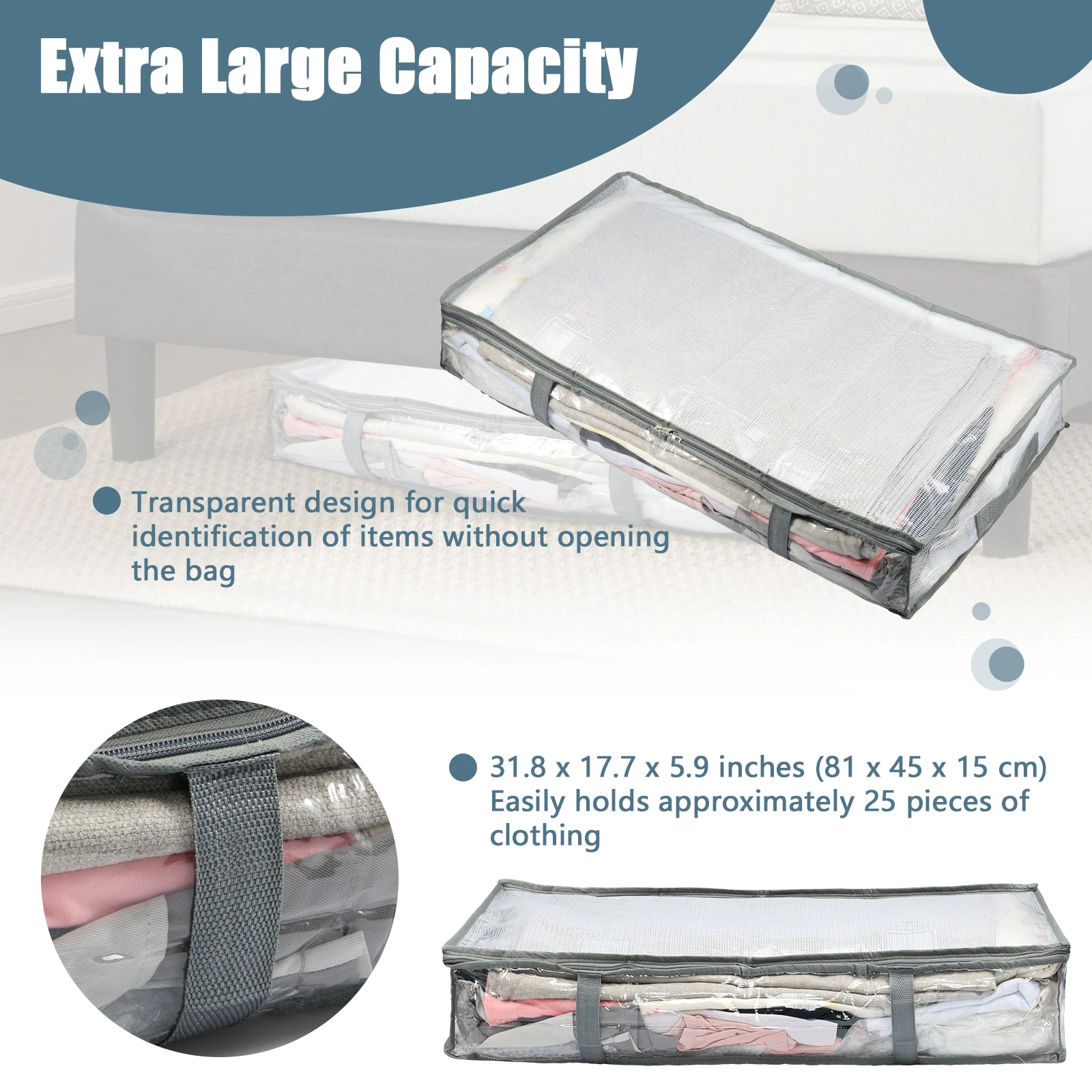 4/8 Pcs Underbed Storage Bags with Lid Large Capacity Quilt Clothes Storage Bag Foldable with Handle Clear Moisture Dust Proof 3