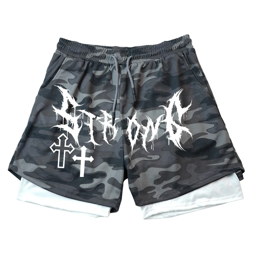 Men's Double Layer 2-in-1 Shorts Summer Gothic High Street Shorts Compression Quick Dry Breathable Fitness Joggers Casual Short 3