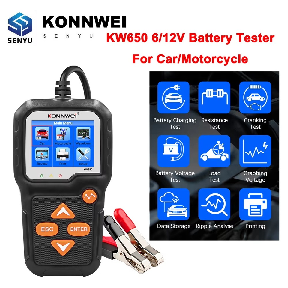 KONNWEI KW650 Car Motorcycle Battery Tester 6V 12V Auto Battery Analyzer 100 to 2000 CCA Car Moto Cranking Charging Test Tool