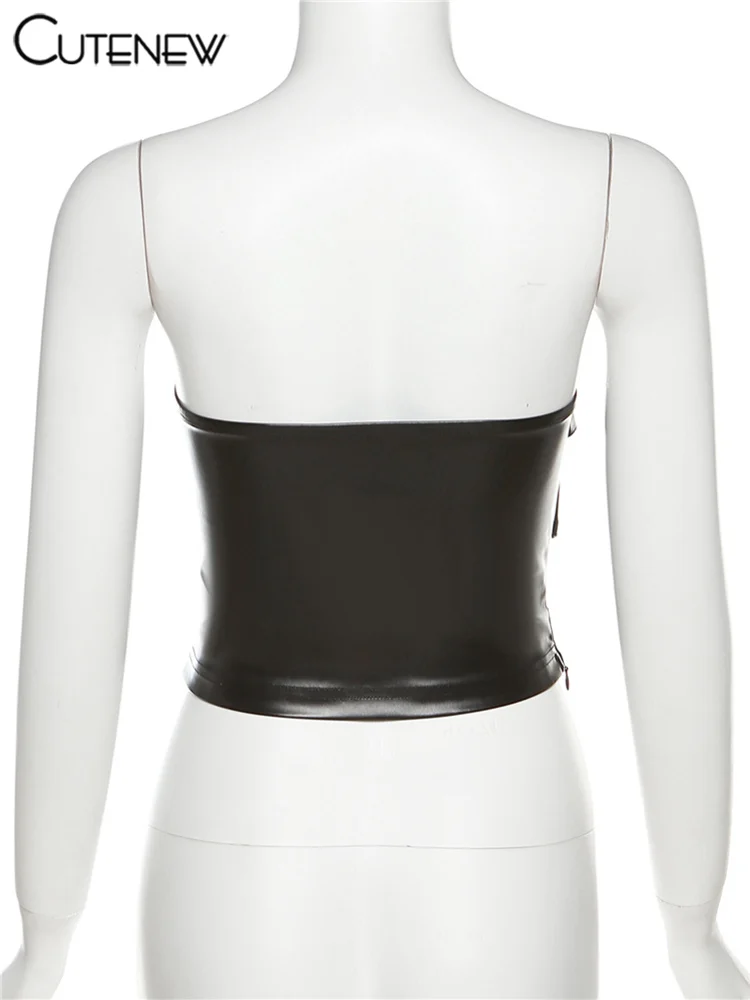 Top corto sexy de verano para mujer, liso, con hombros descubiertos, informal, sin tirantes, de cuero sintético negro, para uso diario, para fiesta y club
