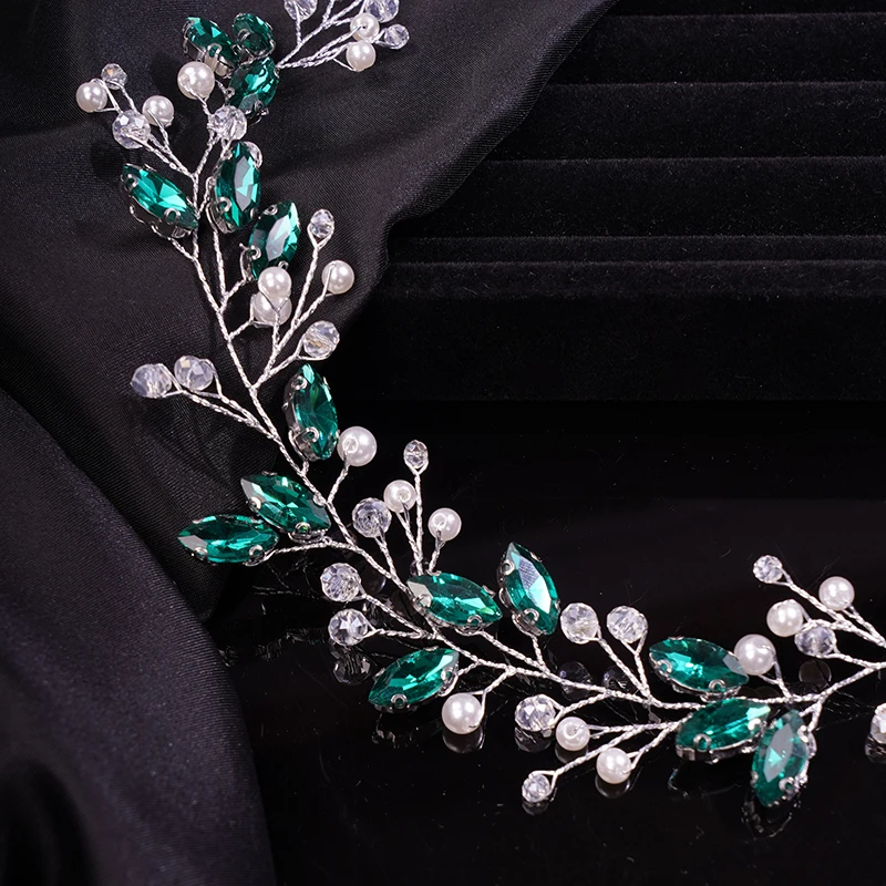 Bride Wedding Rhinestone Simple Hair Vine Bridal Silver Hair Piece Green Crystal Headband Accessories for Women Handmade