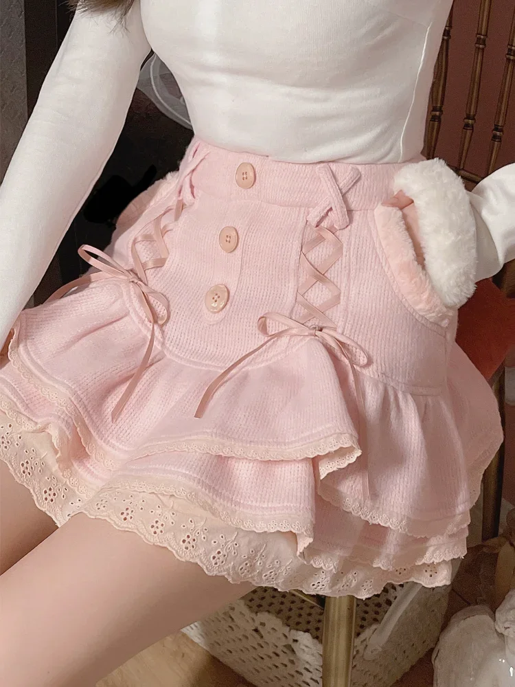 Japanese Kawaii Lolita Mini Skirt Women Winter Lace Casual Elegant Sweet Female Skirt High Waist Bandage Korean Fashion Skirt