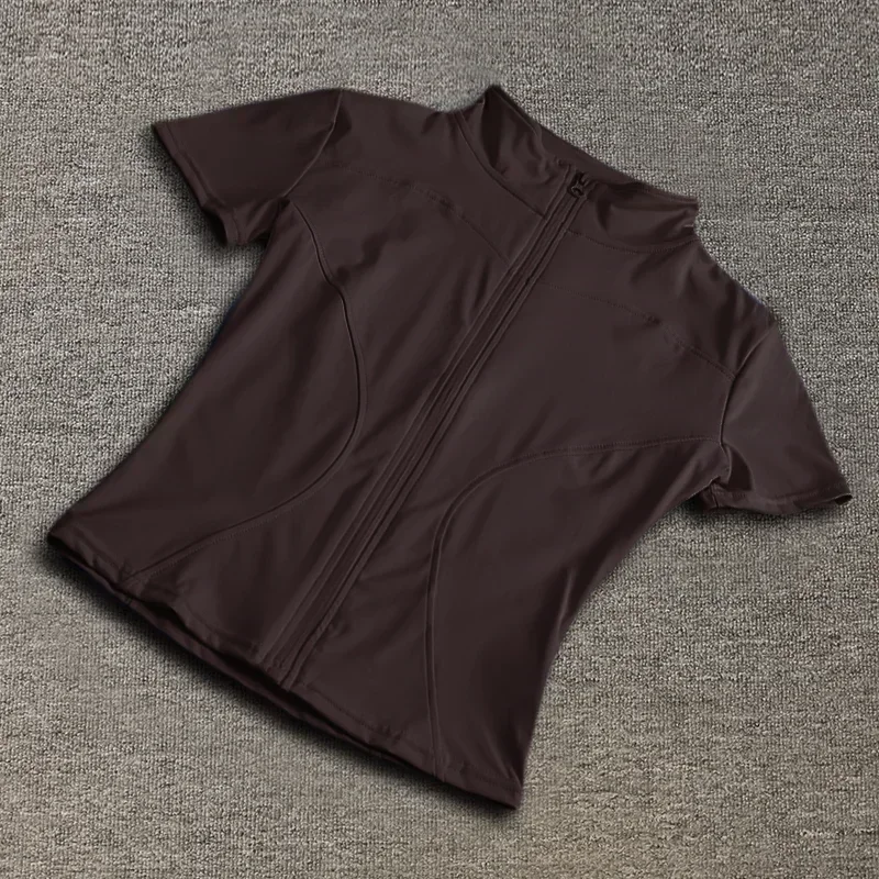 Summer High Quality Waist Slimming Training Tops Women's Quick-drying Tight Stand Collar Full Zipper Short Sleeves Yoga shirts 2