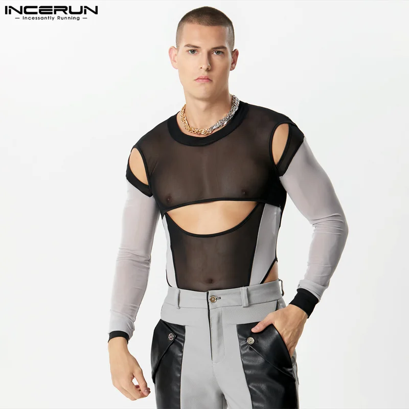 

INCERUN 2023 Sexy Style Men's Loungewear Jumpsuits O-neck Hollow Patchwork Bodysuits See-through Thin Long Sleeved Rompers S-5XL