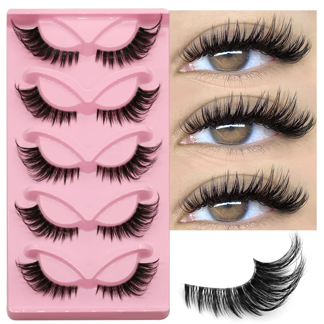 GROINNEYA Cat Eye Lashes 5 Pairs Natural Fake Eyelashes Clear Band Lashes Natural long Winged End Eye Elongated Eyelashes Makeup