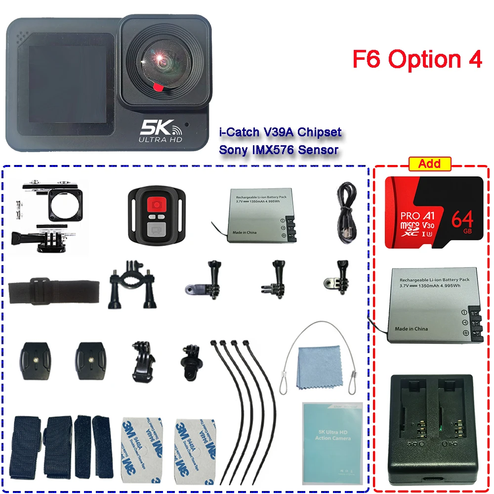 thumbnail image 1 of Cámara de acción con micrófono inalámbrico F6W, 5K, 4K60FPS, 48MP, 2,2 ", LCD táctil, EIS, pantalla Dual, Wi-iFi 170D, resistente al agua, 30M, 8X, Zoom, cámara preescolar, 1 of 4