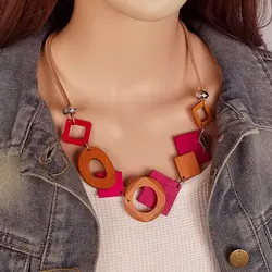 Geometric Wood Statement Bib Necklace for Women - Vintage Ethnic Fashion Jewelry (Red)