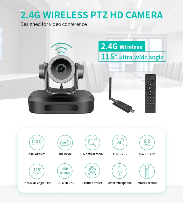 2MP 1080P 360Degree Wireless PTZ WIFI Webcam 3x Zoom 3D Noise Reduction HDR Video Camera Online Teaching Video Conference