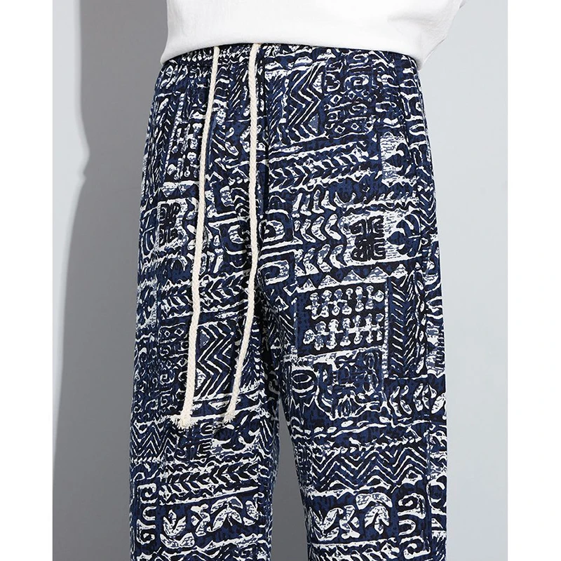 Korean Fashion Men Clothing Loose Straight Pants Summer Streetwear Casual Print Elastic Waist Drawstring Versatile Thin Trousers