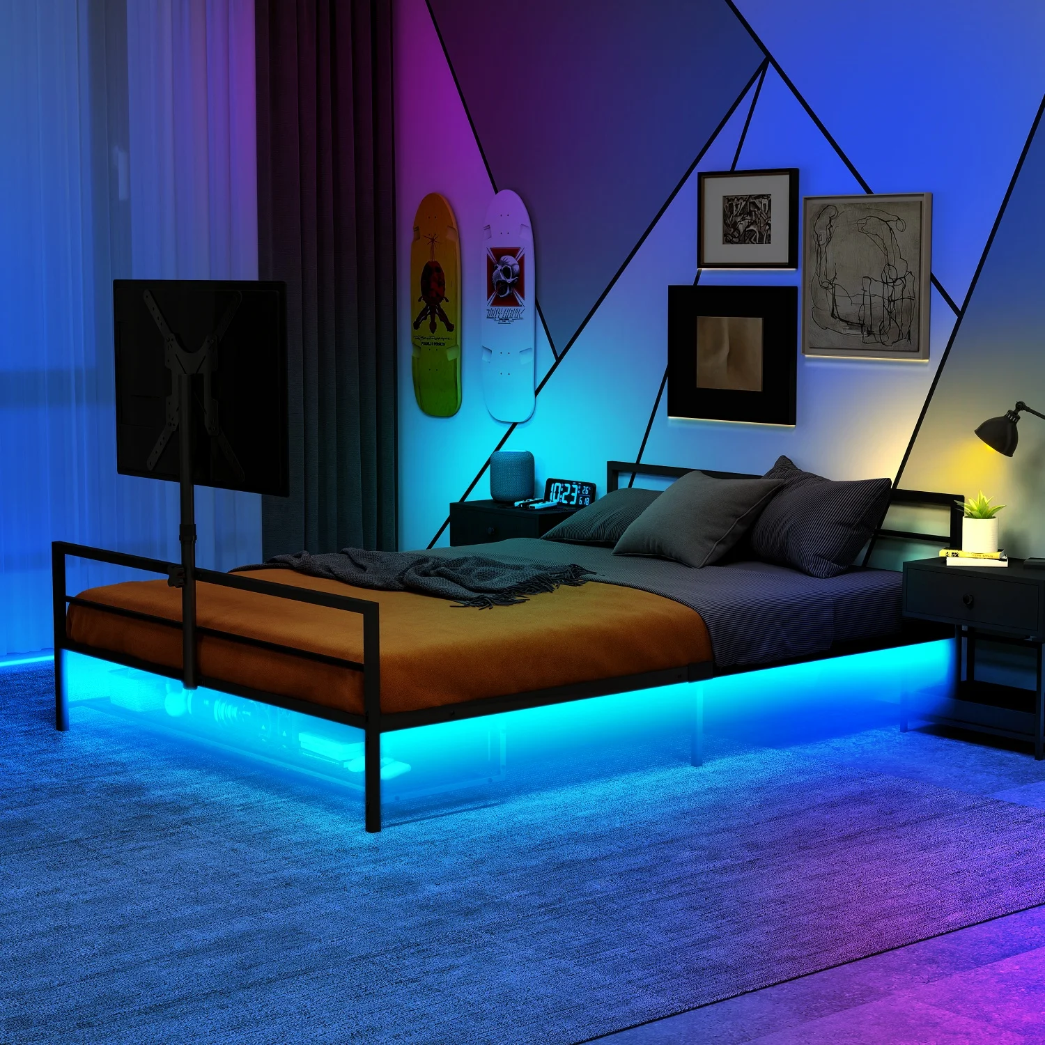 Polsterbett 90 x 200 cm, schwarzes Gaming-Bett mit LED-Beleuchtung und Aufbewahrungskorb unter dem Bett, verstellbare Halterung, Metallbettrahmen – Detail 5