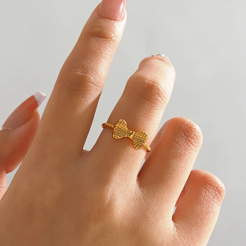 Gold Plated Ribbed Cute Mini Bowknot Rings Twist Circle Opening Adjustable Stainless Steel Bow Knot Party Accessories Jewelry