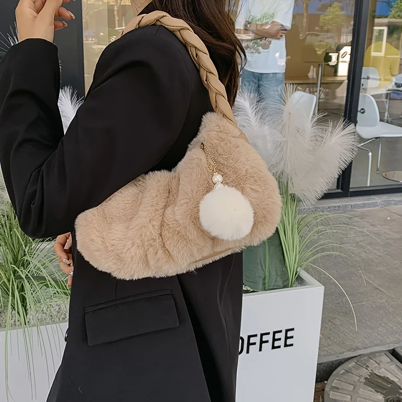 Fashion Fluffy Shoulder Bag Trendy Plush Underarm Bag Women's Casual Handbag & Hobo Purse for Winter Gift for Lover