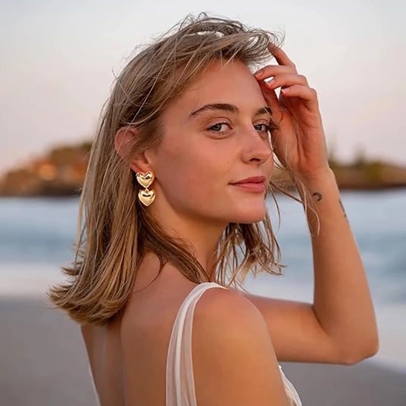 316 Stainless Steel Double-layer Glossy Gold Plated Heart Shape Dangle Earrings Anti Allergic Metal Wedding Bride Charm Jewelry