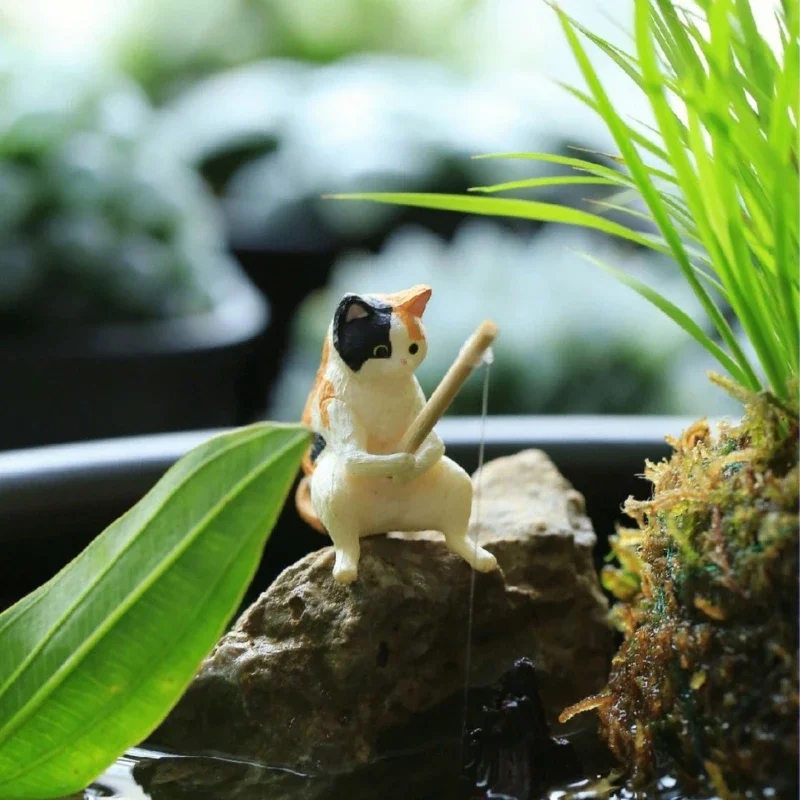Cat Figurine Decoration Cute Fishing Cat Fishbowl Fishing Figure Fisherman Figurine Cat Rod Seals Figures Decoration Interior Accessories