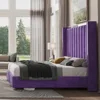 Queen Bed Frame with 58" Tall Headboard, Velvet Upholstered Platform Bed with Channel Tufted Wingback Headboard and Plating Trim 3