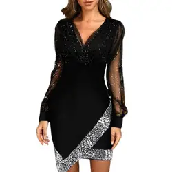2021 Women Dress Elegant Spring Autumn Solid Color Sequins Dress  Fashion V-neck Bodycon Party Dress Sexy Office Lady Slim