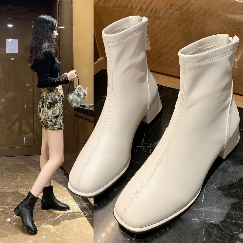 Elastic Socks Boots Fashion Ankle Boots Women High Heel Thicks  Heel Square Toe Short Boots Women Retro 2024 New Ladies Shoes