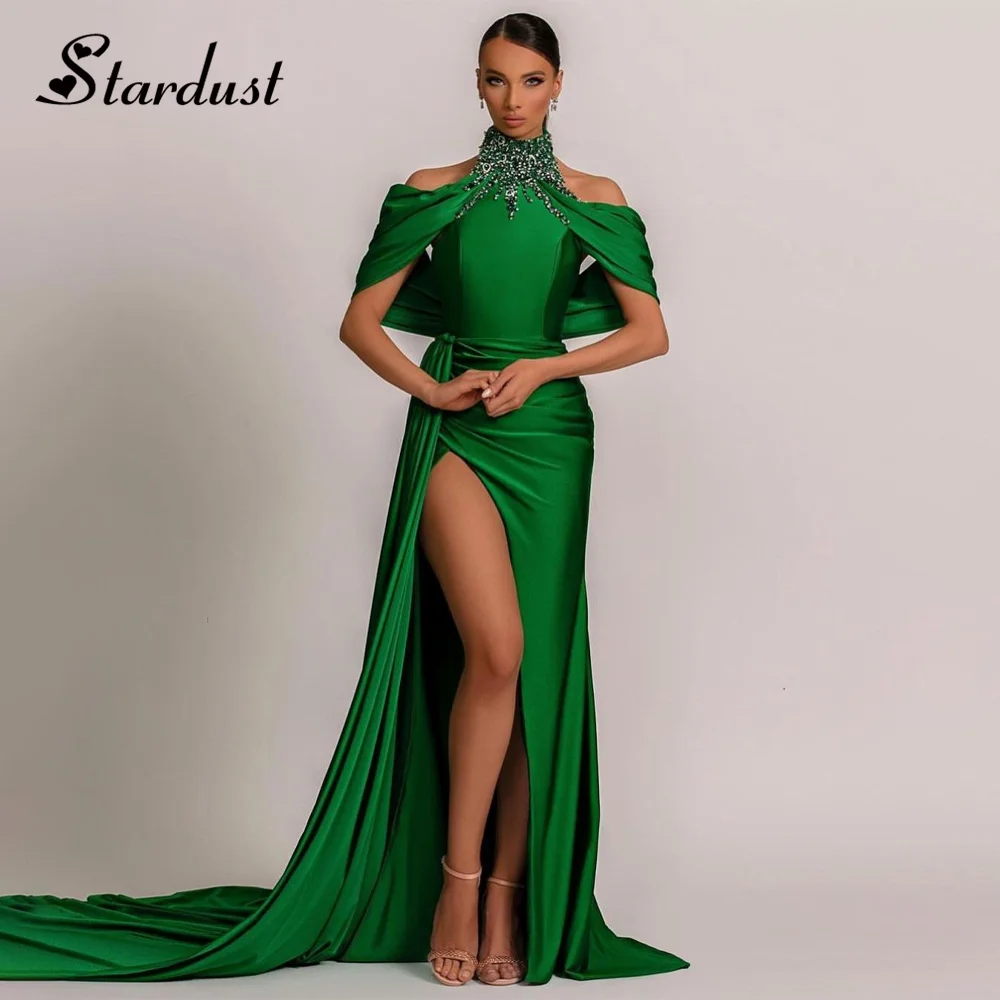 

Stardust Elegant Latest Prom Dresses High Neck Off the Shoulder Diamonds Appliques High Slit Pleat Vestidos de Fiesta Customized