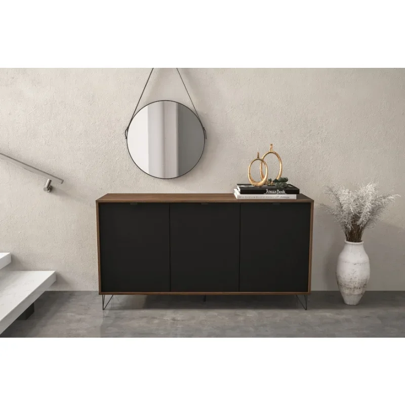 Polifurniture Montreal 59 in. Sideboard with 3 Doors, Black & Dark Brown Finish sideboard Dining Room Furniture