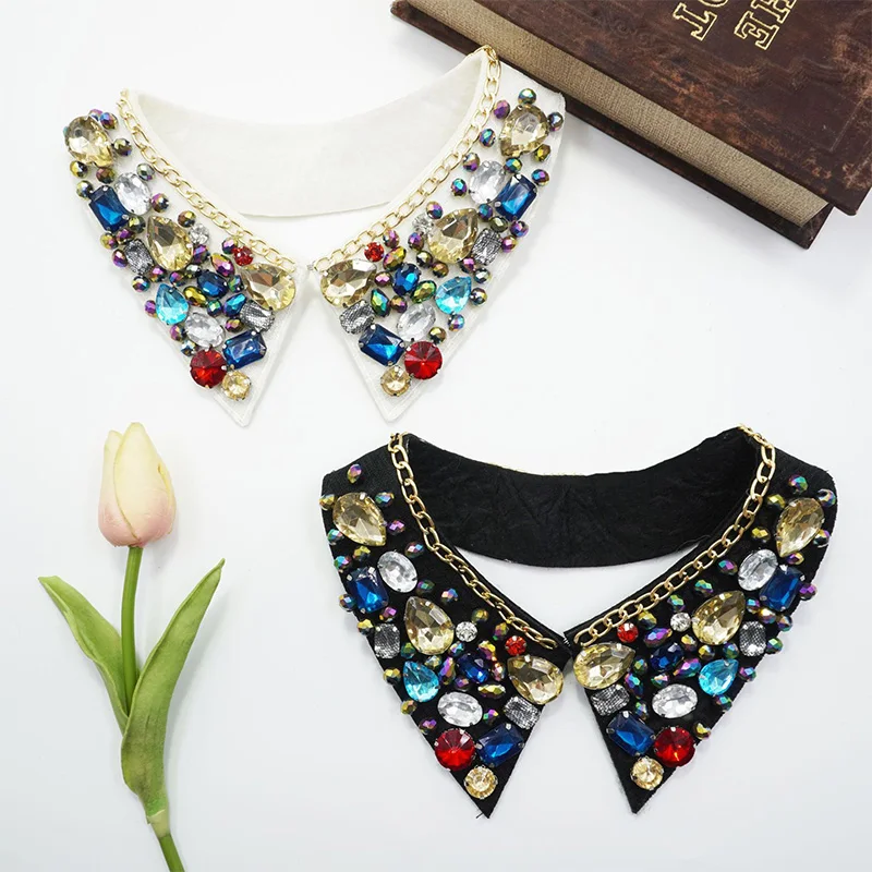 Fashion Fake Collar with Rhinestone Shiny Crystal Sewing Detachable Collar for Lapel Blouse Top Shirt Women Clothes Accessories