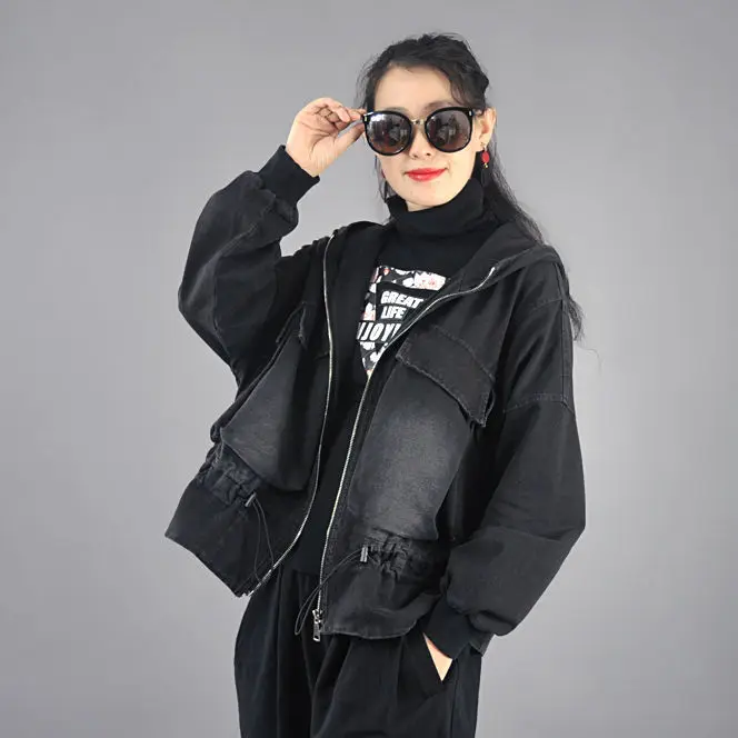 

SuperAen Denim Coat Autumn 2023 New Joker Women Bat Sleeves Hooded Loose Korean Jacket Coat