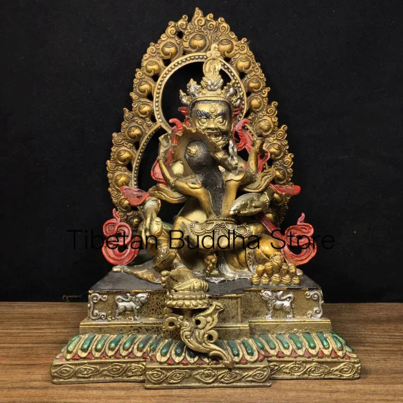 

24cm Nepalese Tibetan Old Copper Buddha Gilded and Colored Double Buddha Statue of Joy