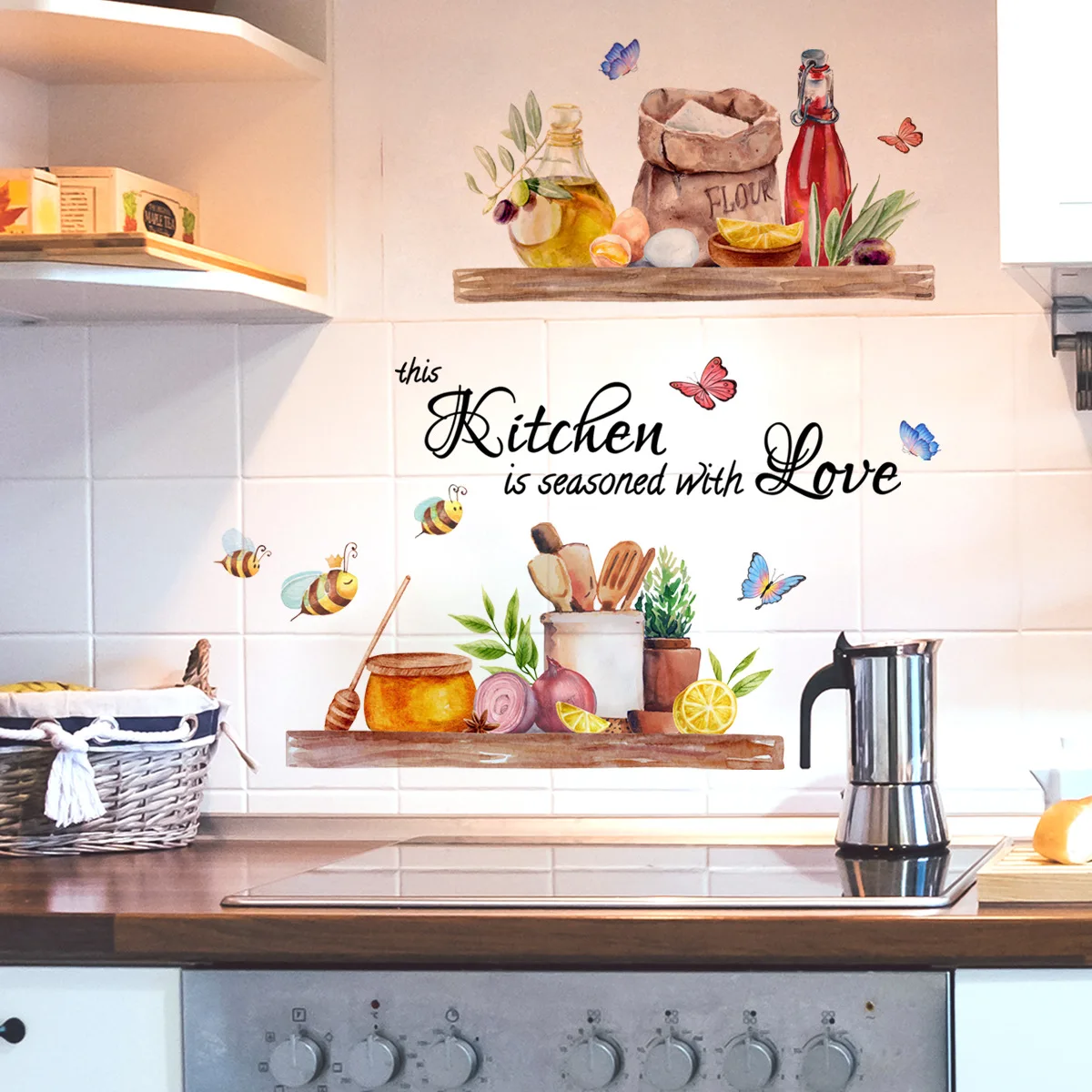 Cartoon Kitchen Wall Stickers Lovely Flower Bee Decorative Wall Paper for Kitchen Decor Art Decals Dining Room Restaurant wall stickers self adhesive stickers kitchen wall sticker
