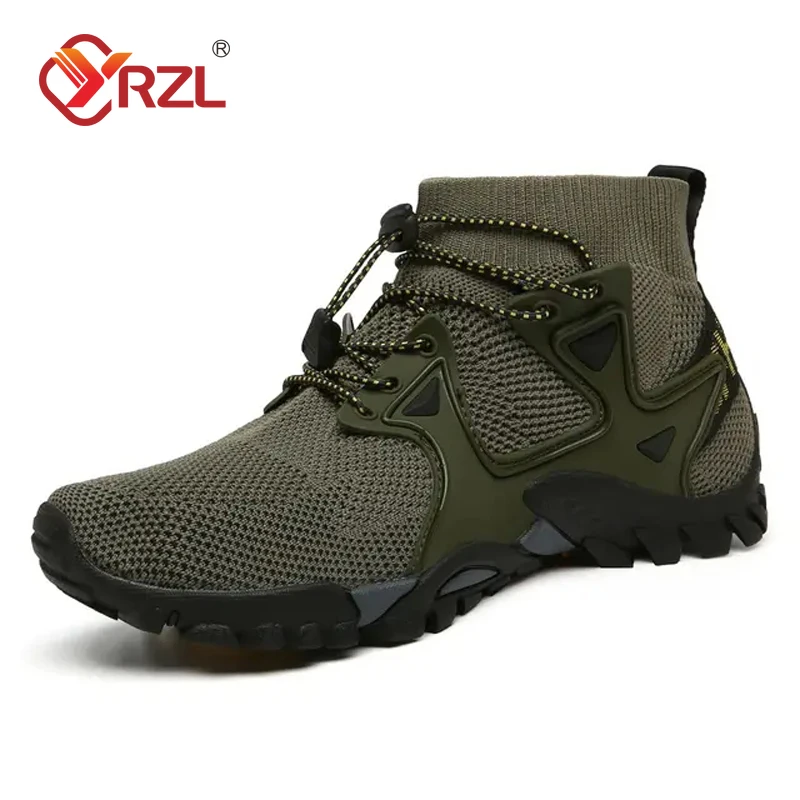 YRZL Mens Outdoor Walking Shoes Summer New High Top Boots Breathable Mesh Mountaineering Comfortable Leisure Travel Sneakers