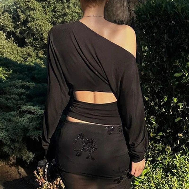 Autumn Fashion Sexy Inclined Shoulder Long Sleeve Backless Hollow Out T-Shirt Solid Casual Y2K Top Party Club Streetwear