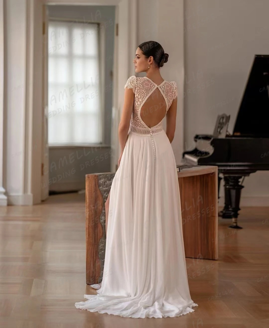 Luxury Wedding Dresses A Line Sexy Appliques V Neck Bridal Gowns Cap Sleeve High Split Chiffon Elegant Princess Vestido De Novia 2
