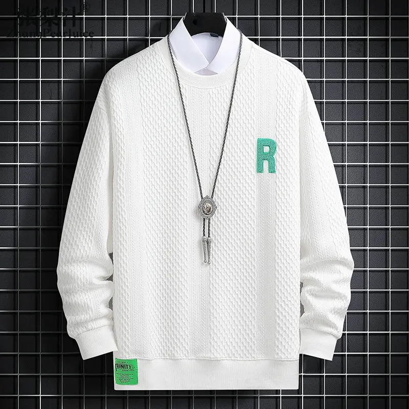

New Waffle Basic T-shirt Long Sleeve Simple Solid Color White Tees Casual Daily Tops High Quality Tops Clothes Men's T-shirts