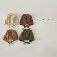 Fashion Retro Hollow Children Knitted Hats Handmade Crochet Flower Girls Parent-child Outdoor Cotton Hat 2024 Autumn Winter Caps 1