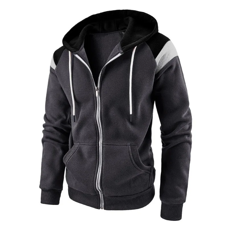 Spring and Autumn Season New Velvet Men's Colored Contrast Fashion Long sleeved Sweater Zipper Hooded Casual Sports Top