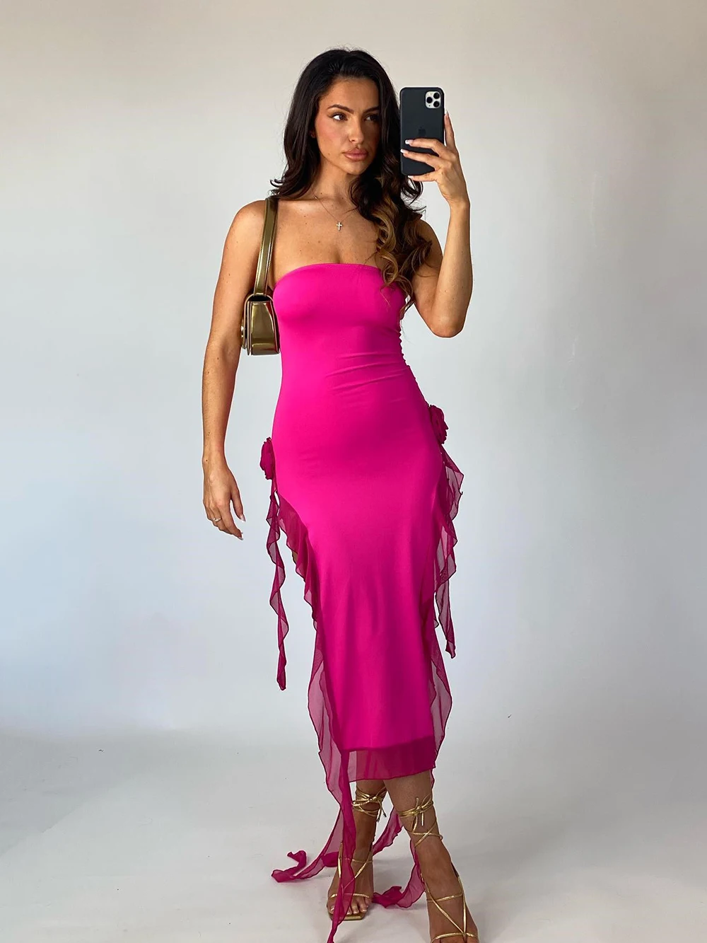 

Summer New Women's Sexy Black Rose Red Strapless Sleeveless Ruffled Flower Midi Cut Out 2023 Bodycon Celebrity Club Party Dress