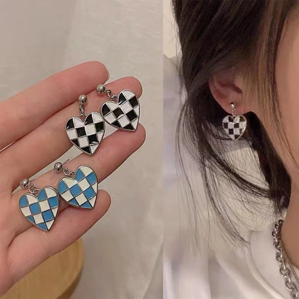 

Fashion Silver Earrings Set Checkerboard Lattice Heart Earing Accessories Jewelry
