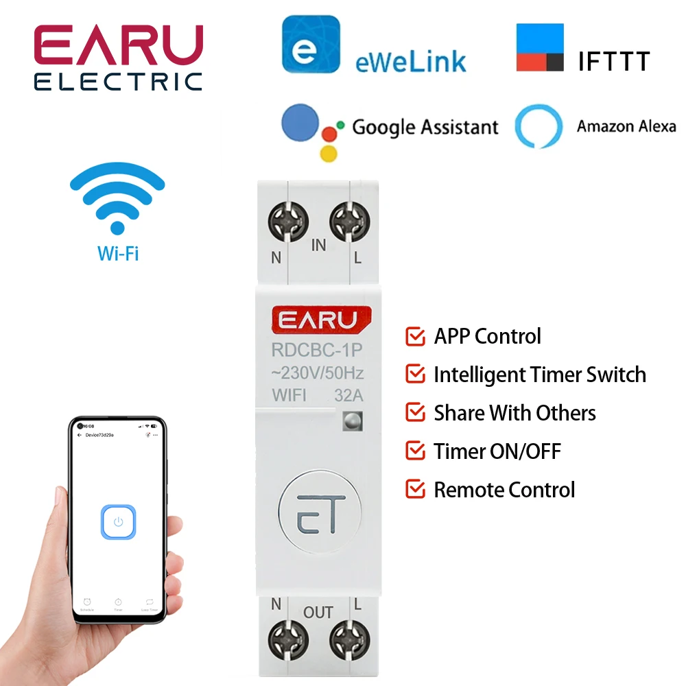 RDCBC 1P+N Rail WIFI Circuit Breaker Smart Timer Switch Relay Remote Control By eWeLink Smart Home Compatiable With Alexa Google